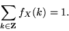 \begin{displaymath}
\sum_{k\in{\mathbf Z}} f_X(k) = 1.
\end{displaymath}
