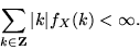 \begin{displaymath}
\sum_{k\in{\mathbf Z}} {\left\vert{k}\right\vert} f_X(k) < \infty.
\end{displaymath}